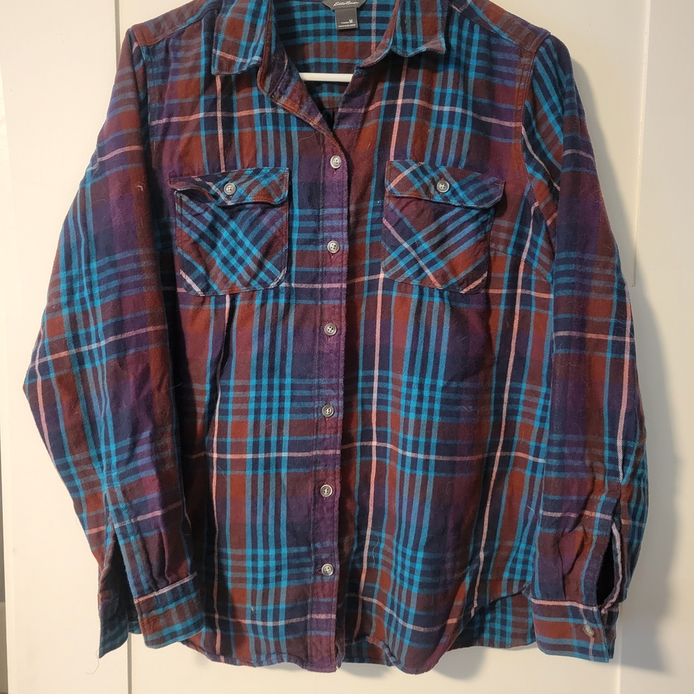 Eddie Bauer Brown Purple and Teal Plaid Button-Down Shirt